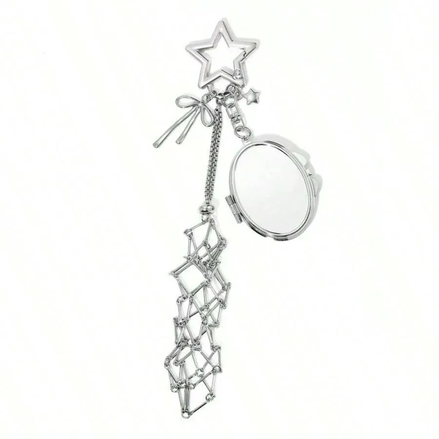 Metal Lipstick Holder Bag Charm Heart & Star Decor Lipstick Case Keychain With Mini Mirror Bag Pendant For Handbags