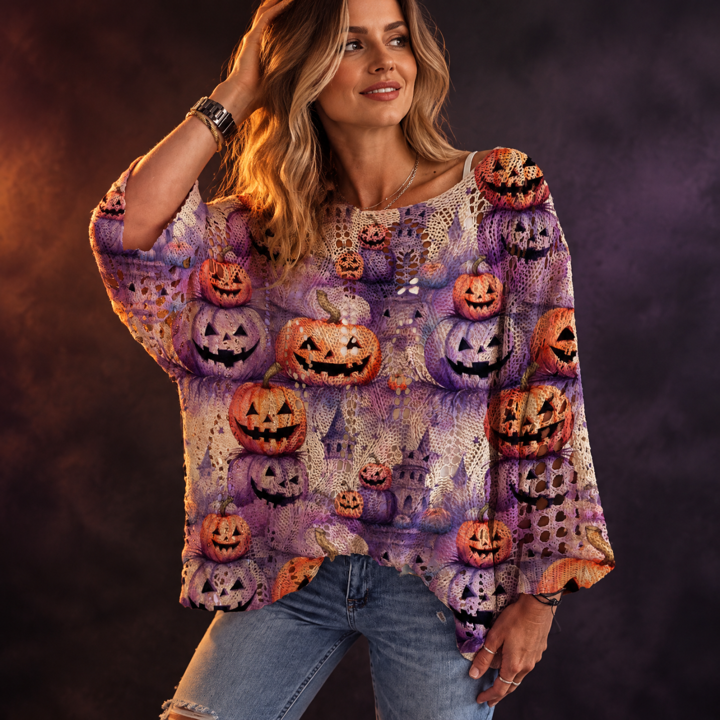 Halloween Pumpkin & Bat Open-Knit Sweater, Retro Relaxed Loose Fit for Fall Parties and Everyday Outfits