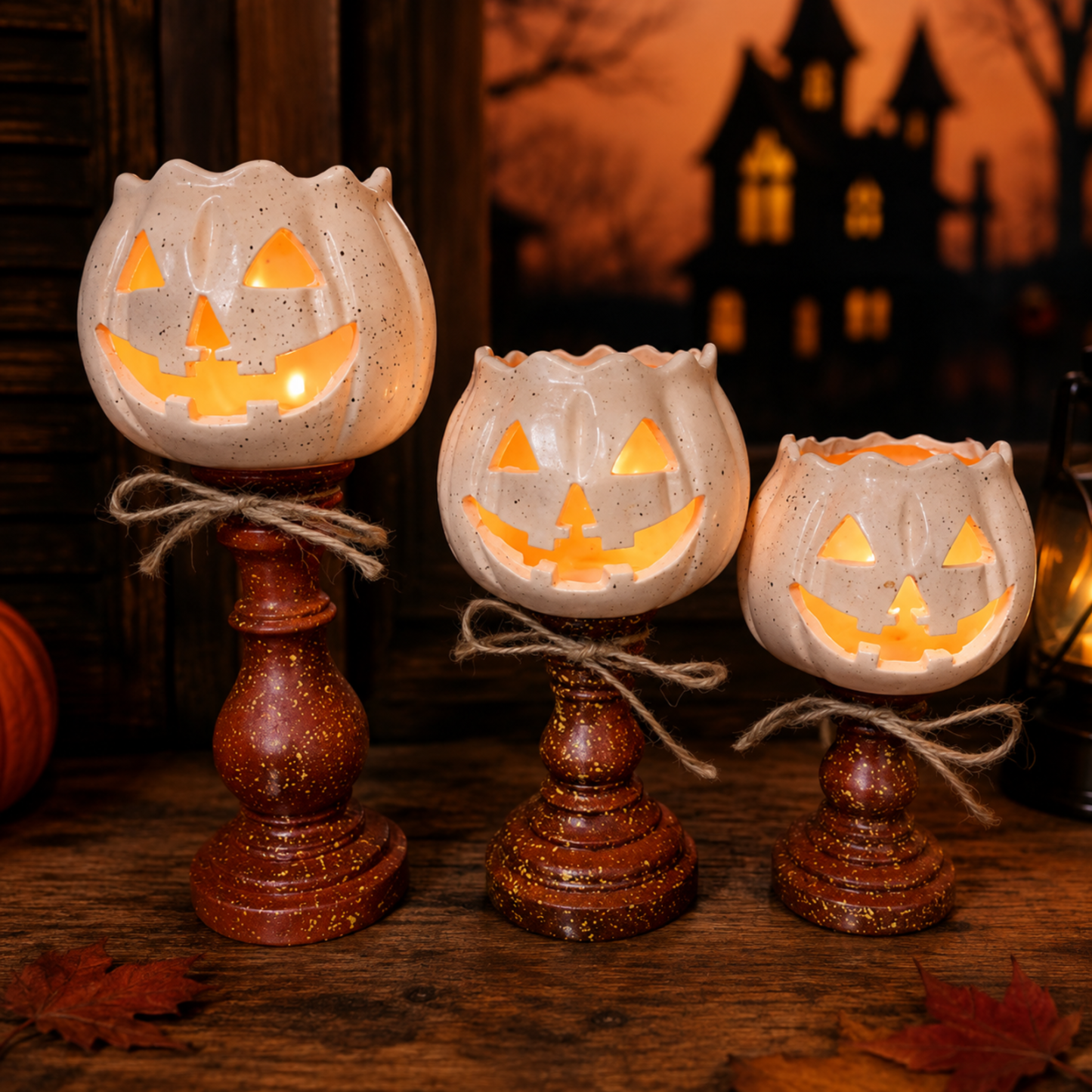 Rustic White Pumpkin Tealight Candle Holders, Layered Farmhouse Fall Decor For Halloween & Thanksgiving