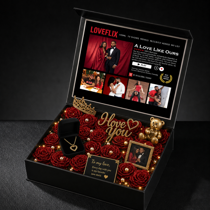 Custom LOVEFLIX Keepsake Box With Glitter Roses – Personalized Loveflix-Style Couple Gifts