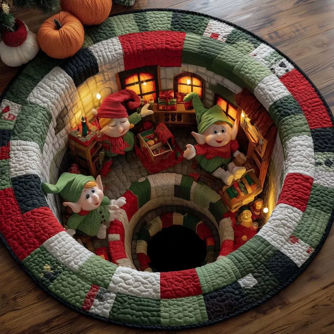 3D Christmas Optical Illusion Round Rug – Bottomless Hole Santa & Gnome Area Rug, Festive Holiday Doormat, Cozy Winter Home Floor Decor