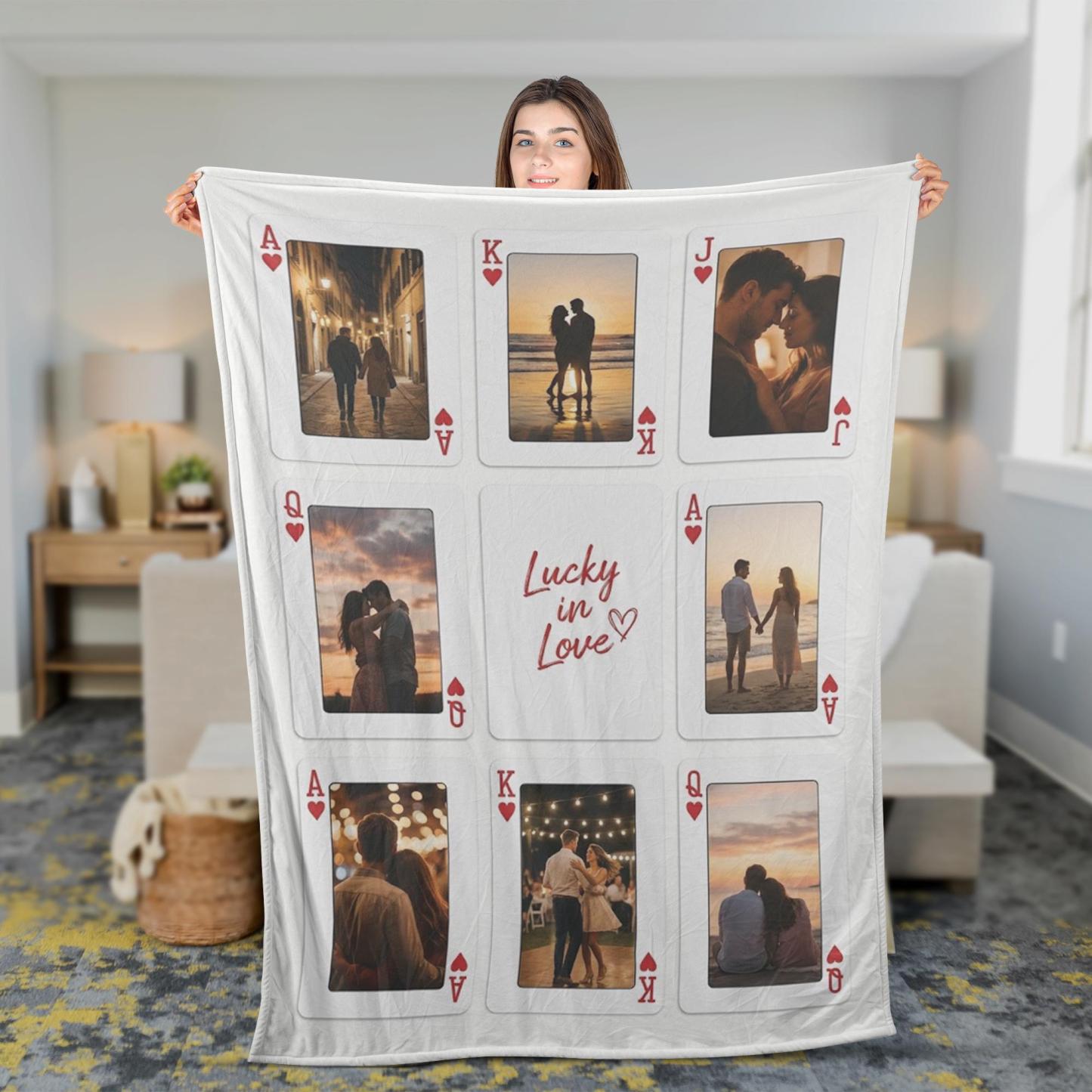 Personalized Playing Cards Fleece Blanket: Custom Photo Red Rose Valentine's Day Anniversary Gift