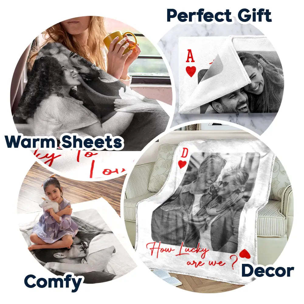 Personalized Playing Cards Fleece Blanket: Custom Photo Red Rose Valentine's Day Anniversary Gift