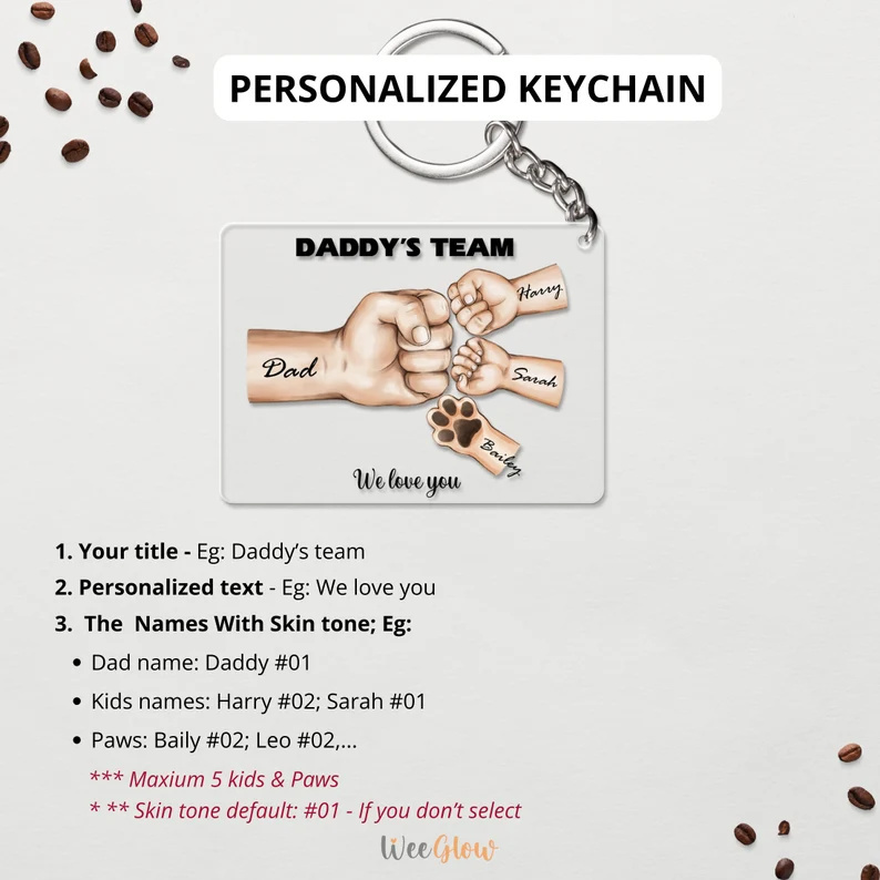 Daddy's Team Fist Bump Personalized Acrylic Keychain, Custom Keyring With Names, Fathers day Gift For Dad Grandpa From Kids Son & Daughter