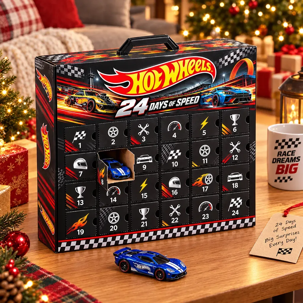 Hot Wheels 3D Racing Car Advent Calendar, 24-Day Christmas Countdown Surprise Gift for Car Enthusiasts and Collectors