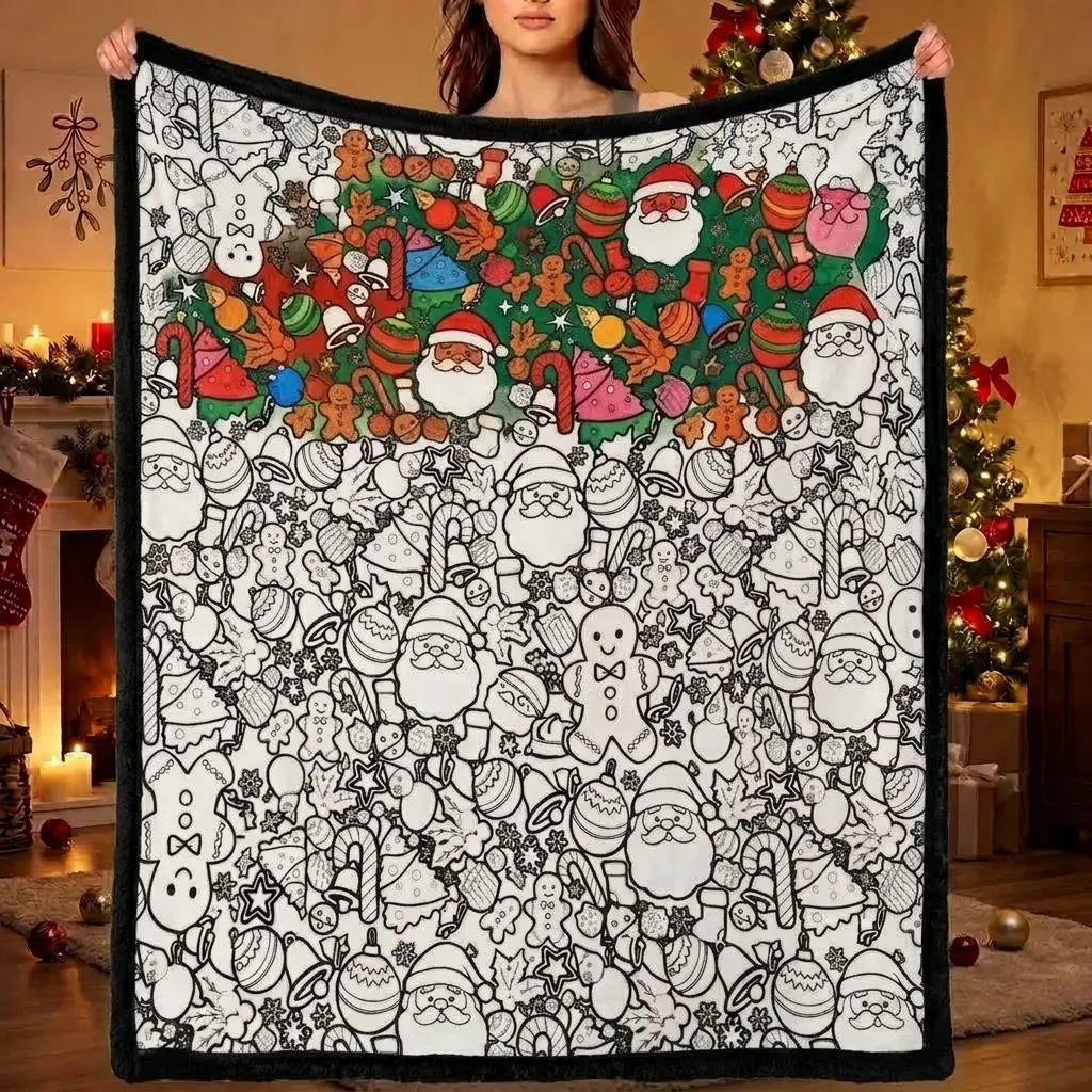 DIY Christmas Drawing Blanket Doodle Your Own Xmas Blanket, Customizable Washable Paint Play Blanket for Adults, Kids