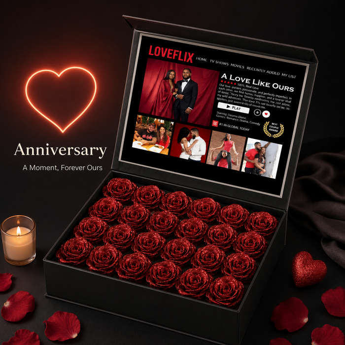 Custom LOVEFLIX Keepsake Box With Glitter Roses – Personalized Loveflix-Style Couple Gifts