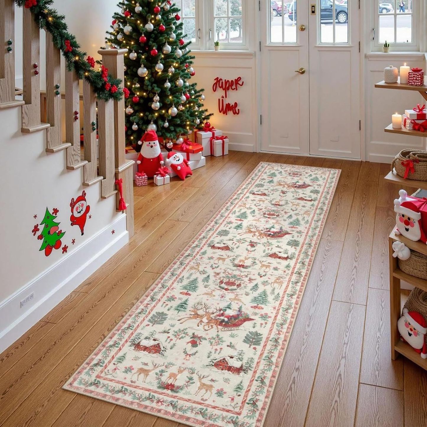 Indoor Christmas Rug Small Kitchen Bathroom Rugs for Entryway,Washable Soft Non-Slip Christmas Tree Santa Claus Area Rug,Door Mat for Winter Living Room Bedroom Holiday Decor