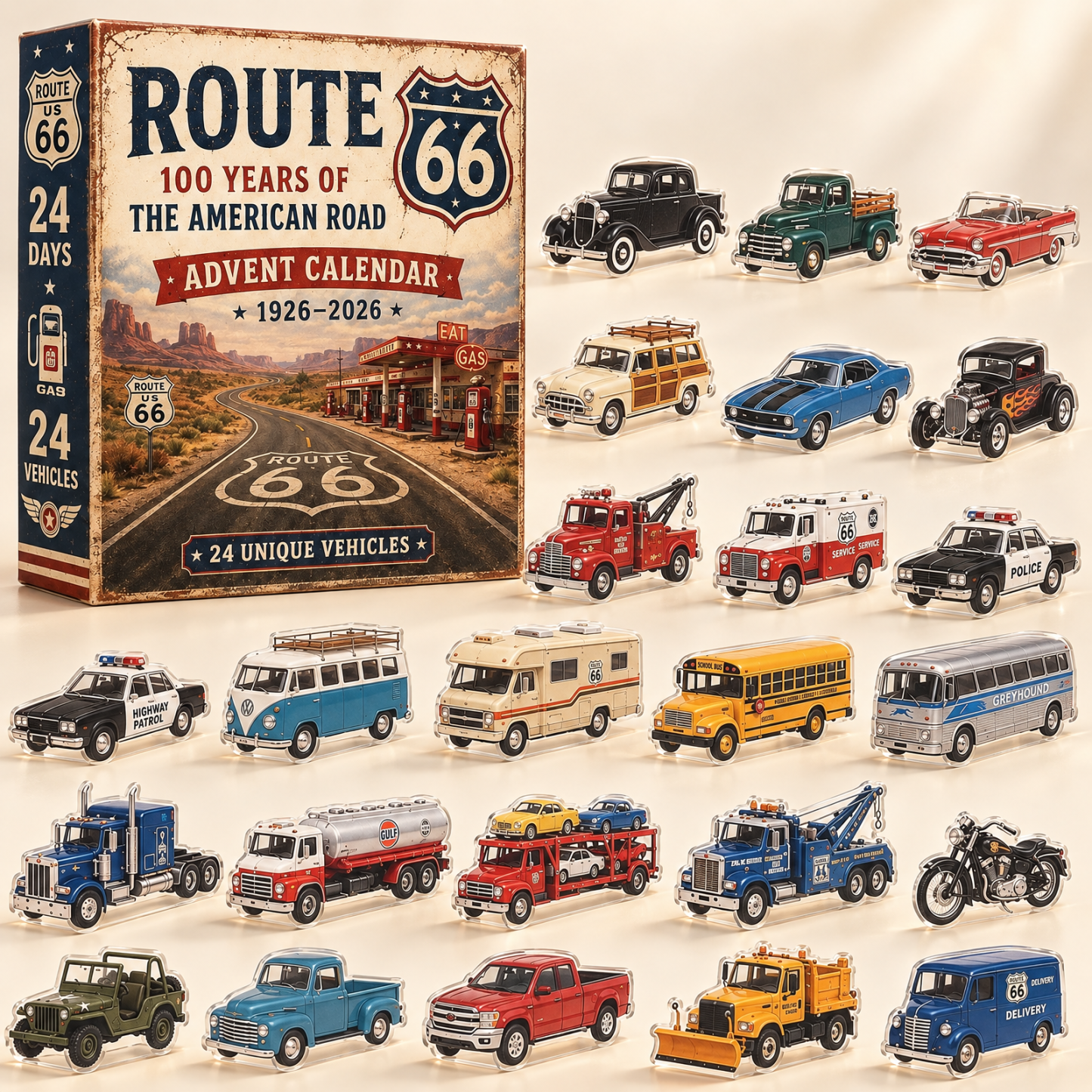 Classic American Vintage Cars Acrylic Christmas Advent Calendar – 24-Day Car Model Countdown Collectible Gift - Get Photo Blanket