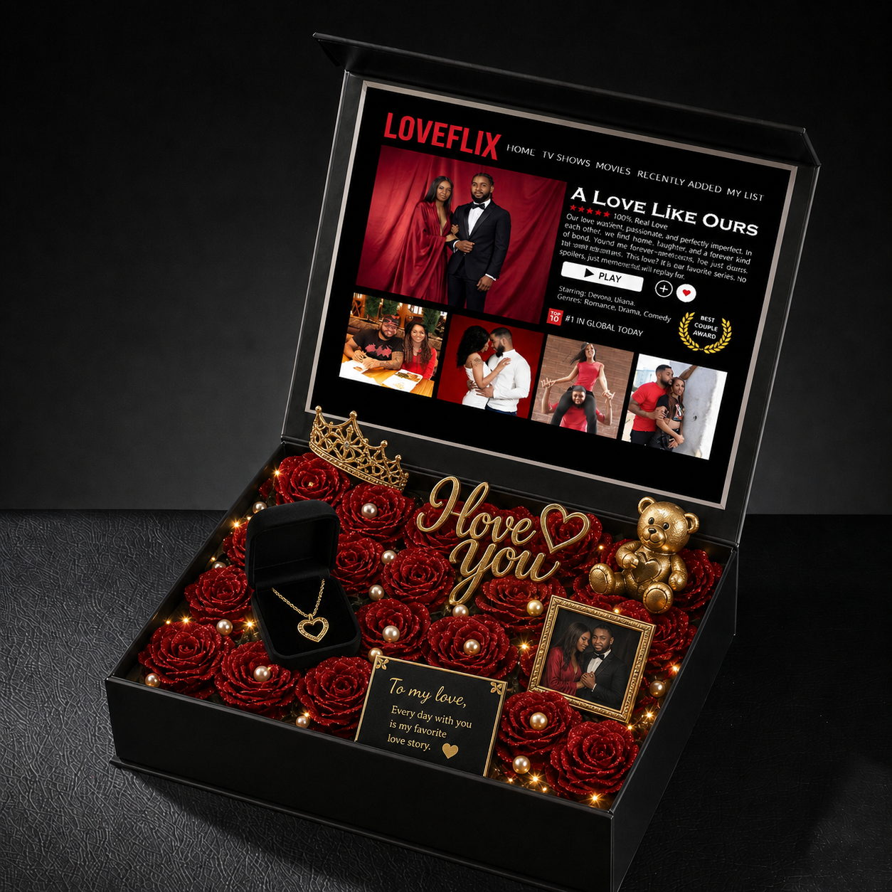 Custom LOVEFLIX Keepsake Box With Glitter Roses – Personalized Loveflix-Style Couple Gifts