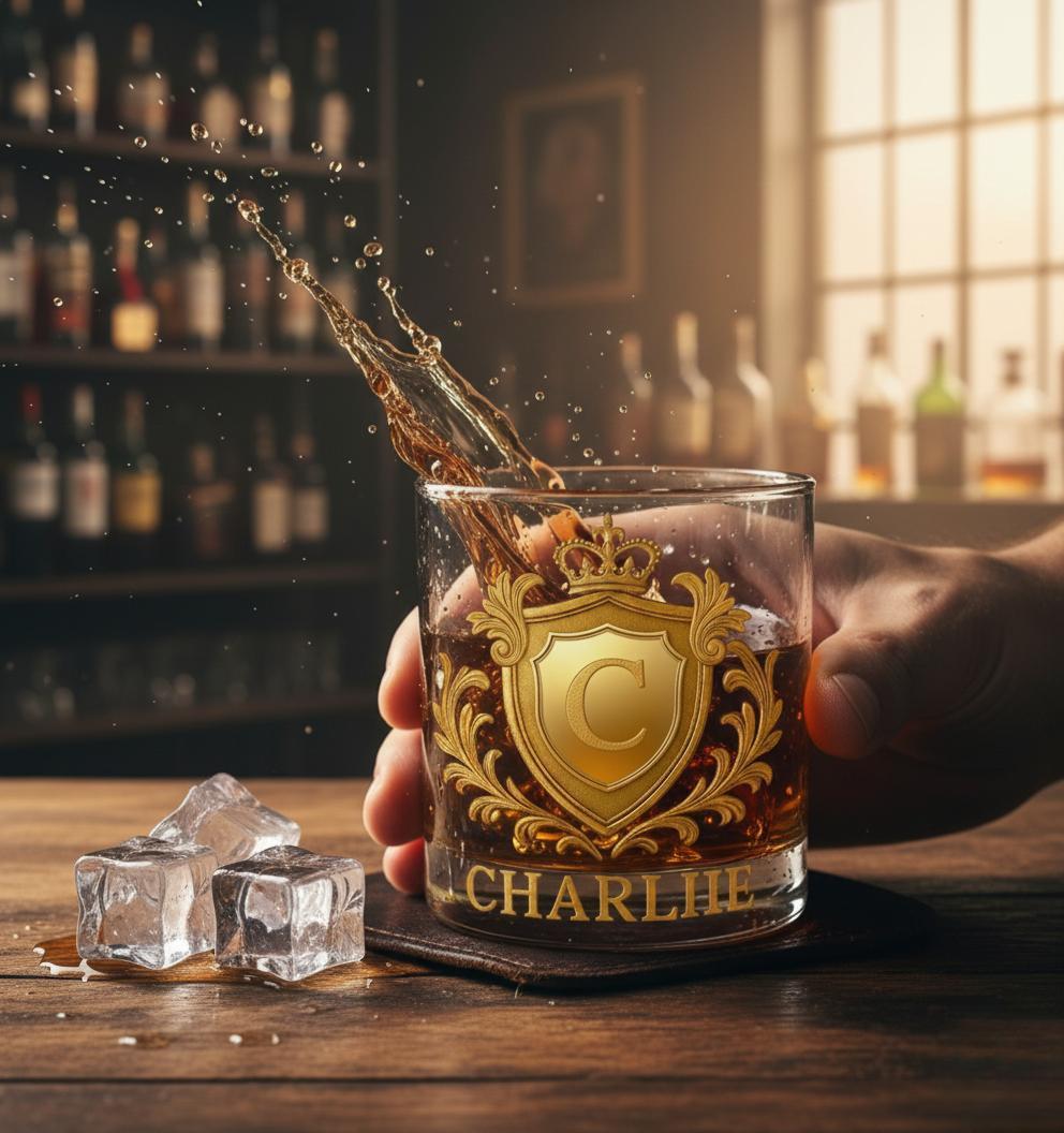 Custom Golden 3D Badge 10 oz Rock Whiskey Glass Birthday Gift - Cheers with Legendary Man - Get Photo Blanket