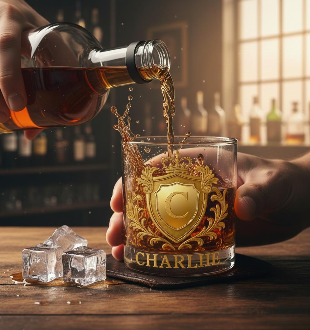 Custom Golden 3D Badge 10 oz Rock Whiskey Glass Birthday Gift - Cheers with Legendary Man - Get Photo Blanket