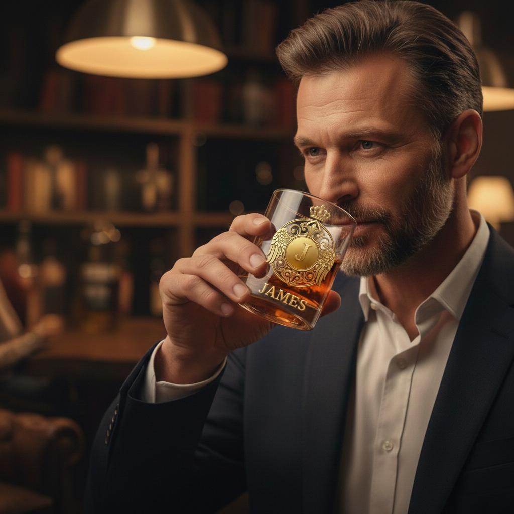 Custom Golden 3D Badge 10 oz Rock Whiskey Glass Birthday Gift - Cheers with Legendary Man - Get Photo Blanket