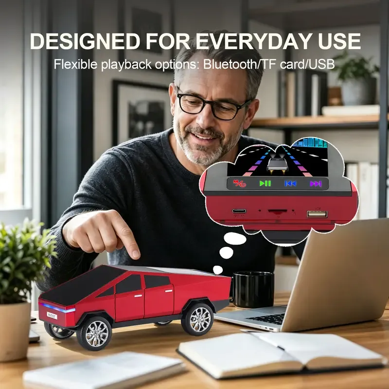 Cyberpunk Cars Portable Bluetooth Speaker Replica Car with Display Screen HD Sound TWS Pairing FM Radio Built-in Mic Remote Selfie Control LED Party Light Gift for Car Lovers