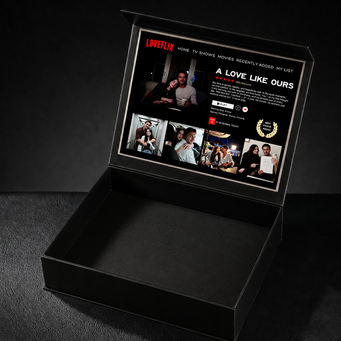 Custom LOVEFLIX Keepsake Box With Glitter Roses – Personalized Loveflix-Style Couple Gifts