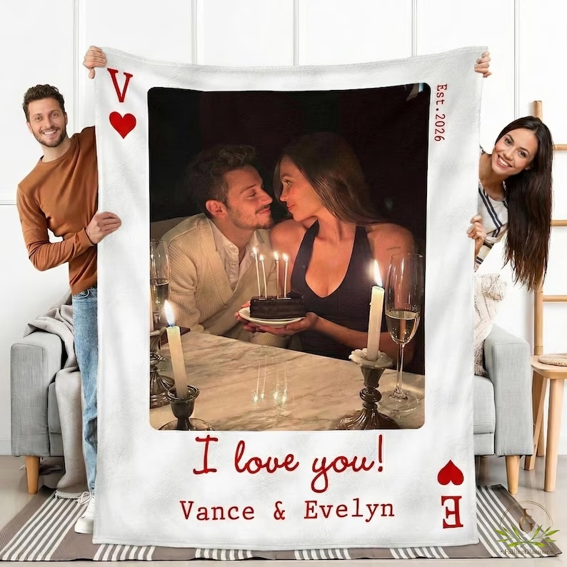 Personalized Playing Cards Fleece Blanket: Custom Photo Red Rose Valentine's Day Anniversary Gift