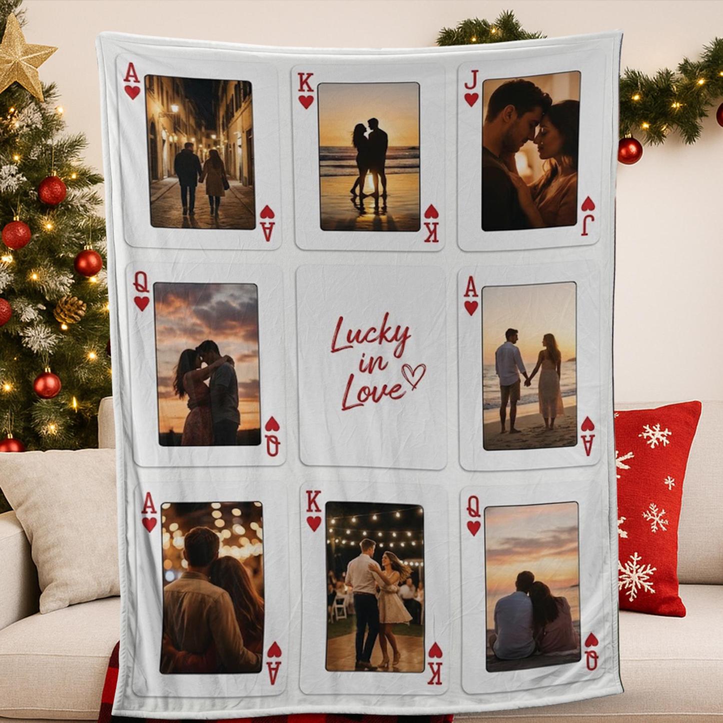 Personalized Playing Cards Fleece Blanket: Custom Photo Red Rose Valentine's Day Anniversary Gift