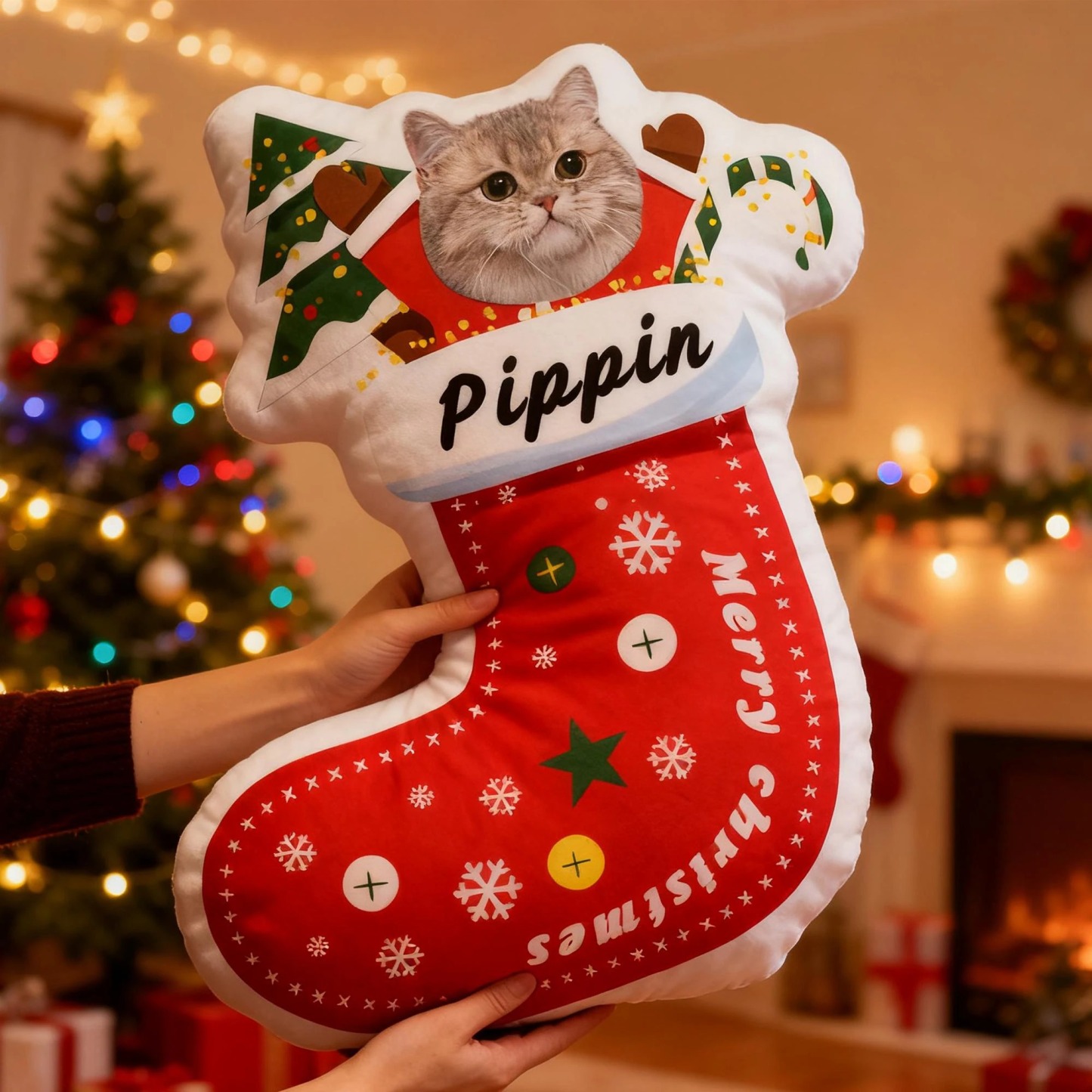 Custom Pet Christmas Stocking Pillow, Personalized Portrait & Name, Pet Face Cushion