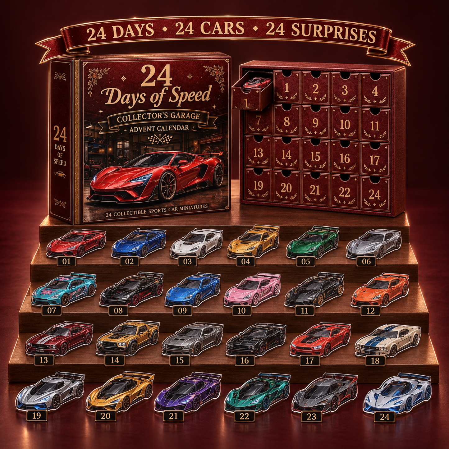 Classic American Vintage Cars Acrylic Christmas Advent Calendar – 24-Day Car Model Countdown Collectible Gift - Get Photo Blanket