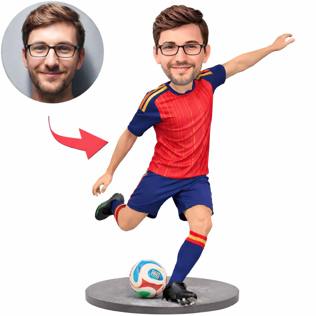 Personalized Spain Style Soccer Bobblehead from Photo, Custom Bobblehead Engraved with Text