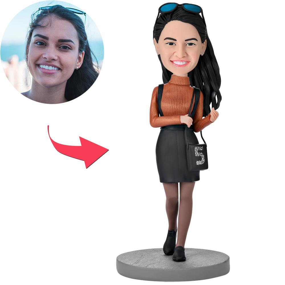 Fashion Beautiful Girl With A Bag Custom Bobbleheads With Engraved Text