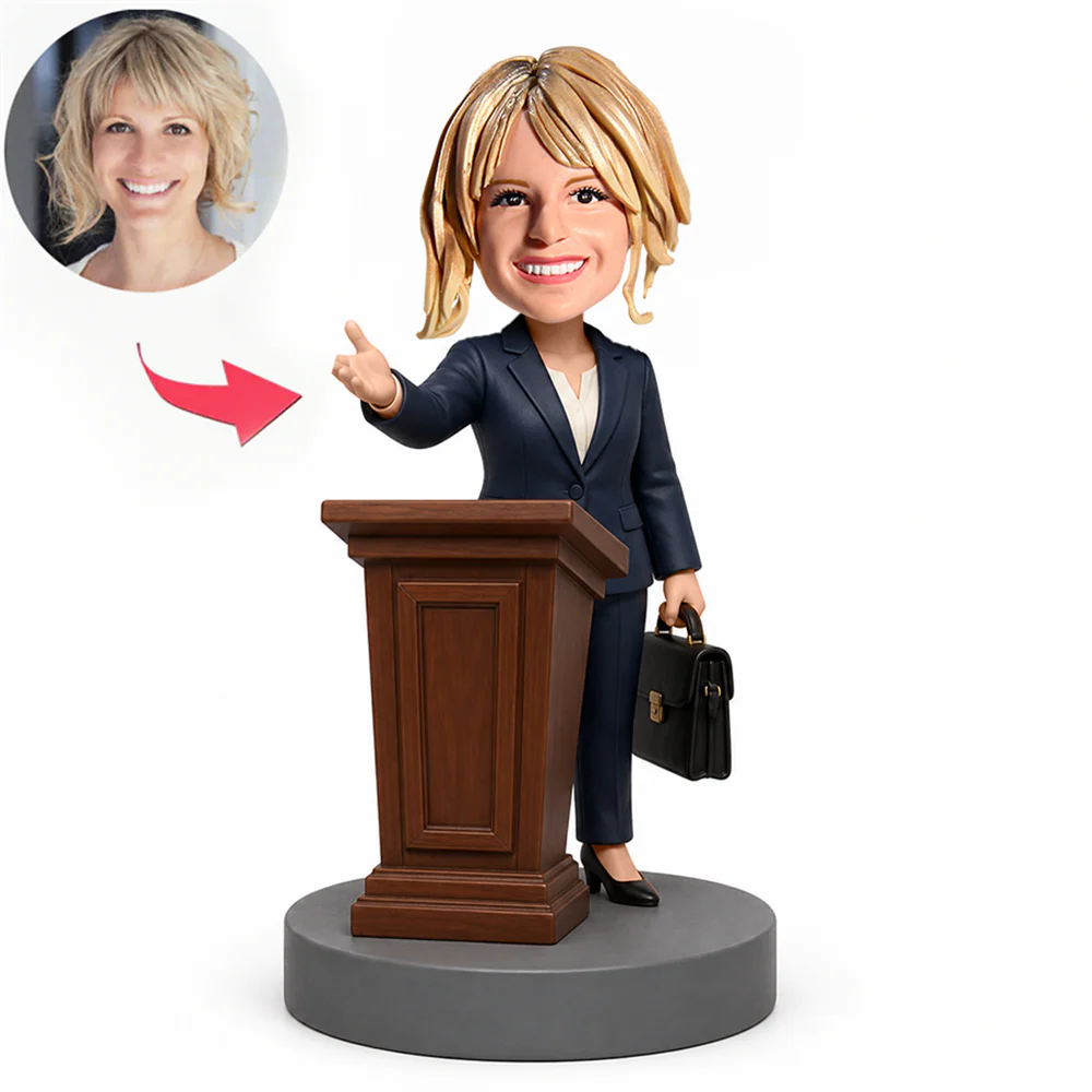 Female Lawyer Pointing at Podium with Briefcase, Custom Bobblehead Engraved with Text