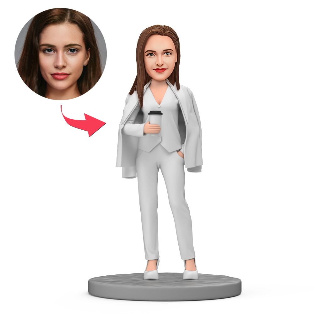 Costume Blanc Pour Femmes Et Tenue De Café, Bobblehead Personnalisé Avec Texte Gravé