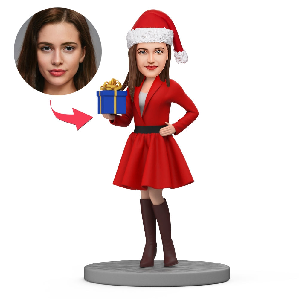 Weihnachtsgeschenk, Individuell Gestalteter Wackelkopf, Schöne Dame Im Kleid, Die Ein Geschenk Hält