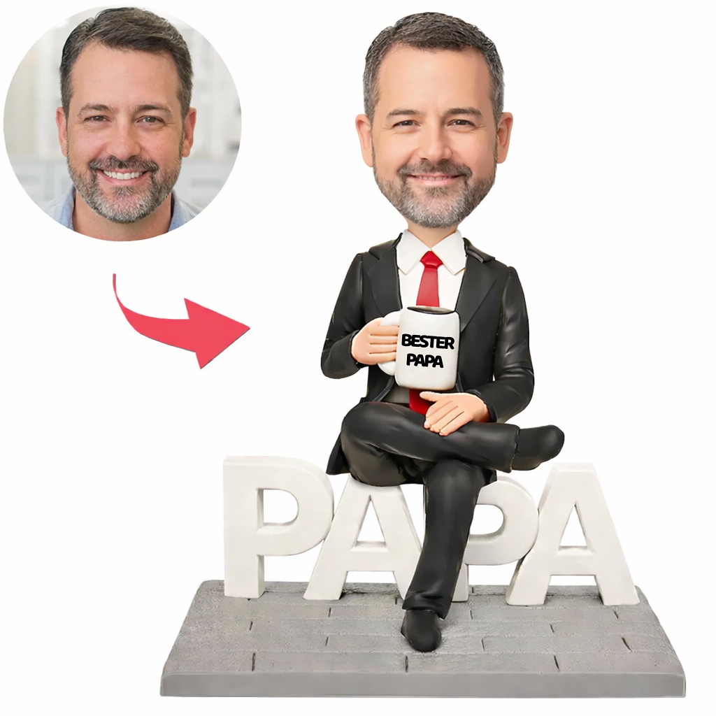 Personalisiertes Wackelkopf-Geschenk für Papa, Sitzender Geschäftsmann mit Tasse „Bester Papa“-Wackelkopf mit Wunschtext, Vatertagsgeschenk für ihn