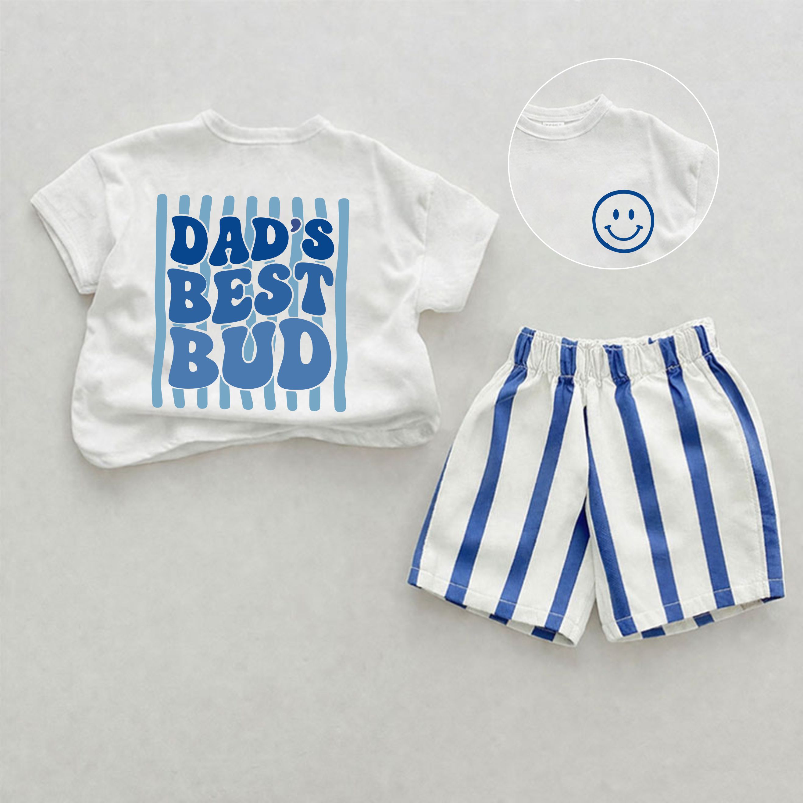 DAD'S BEST BUD Baby Slogan Blue Vertical Striped 2-piece Shorts Set - White&Blue - 2-3T - image 1