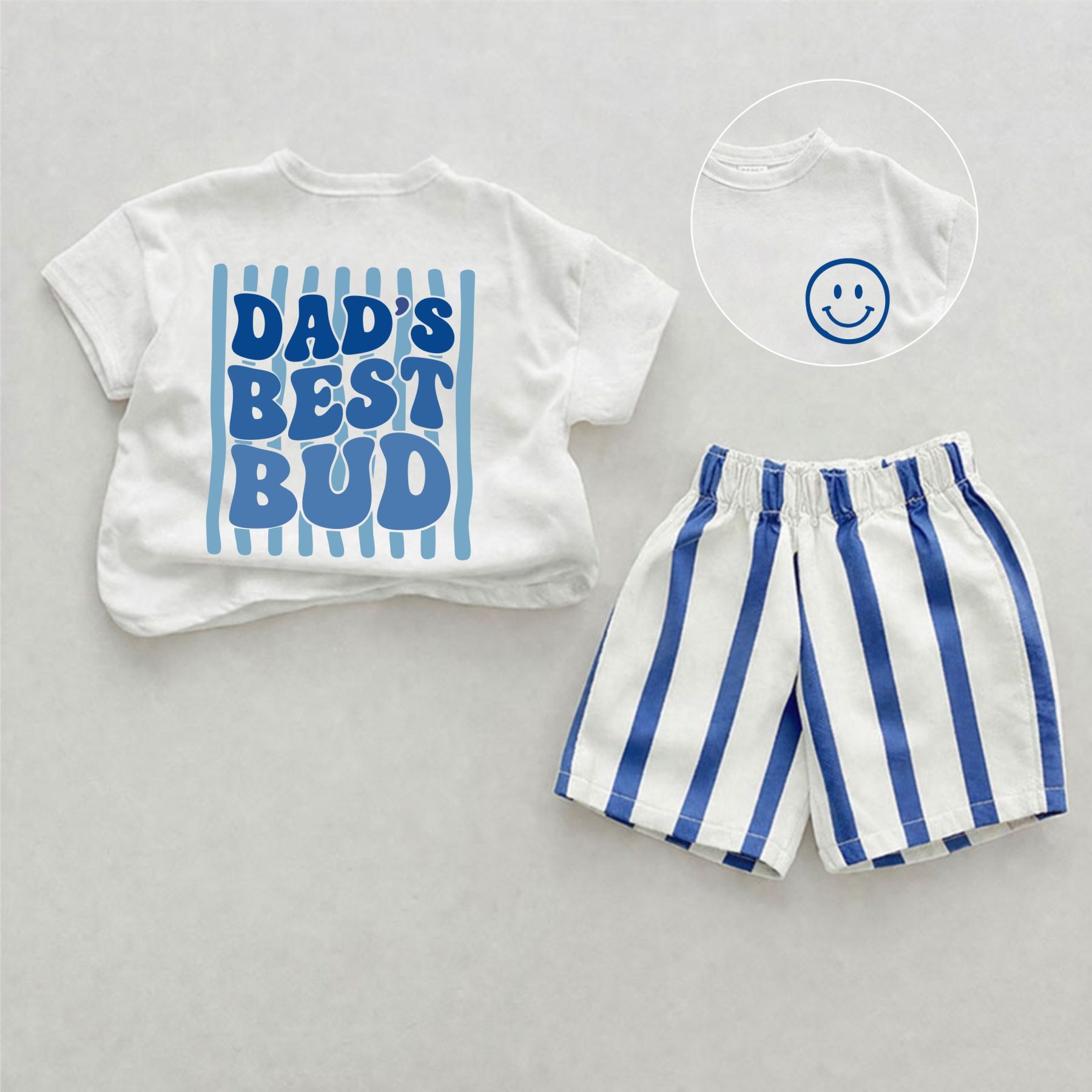 DAD'S BEST BUD Baby Slogan Blue Vertical Striped 2-piece Shorts Set - White&Blue - 2-3T - image 1