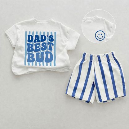 DAD'S BEST BUD Baby Slogan Blue Vertical Striped 2-piece Shorts Set - White&Blue - 2-3T - image 1
