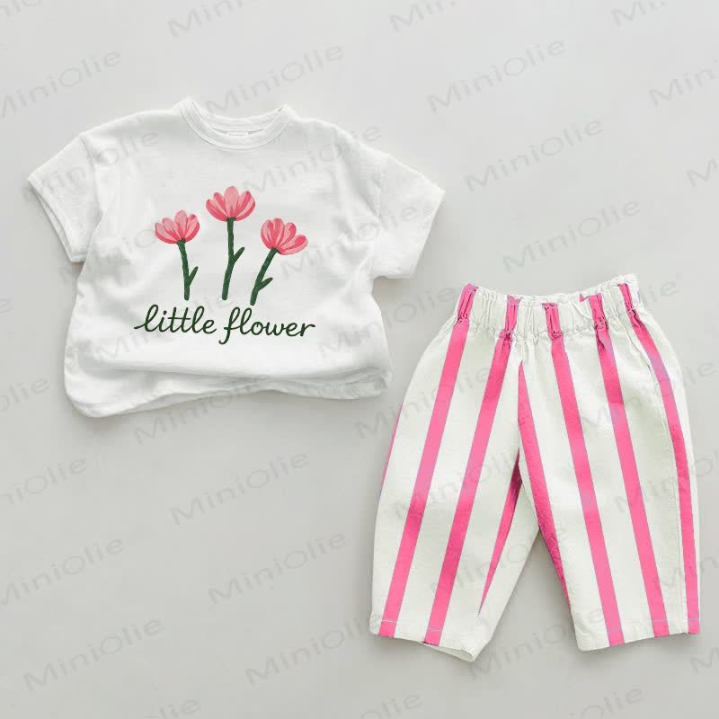 LITTLE FLOWER Baby Pink Flower Print Pink Vertical Striped 2-piece Set - White&Pink - 2-3T - image 1