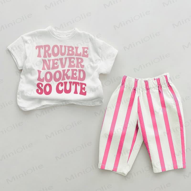 TROUBLE NEVER LOOKED SO CUTE Baby Pink Vertical Striped 2-piece Set - White&Pink - 2-3T - image 1