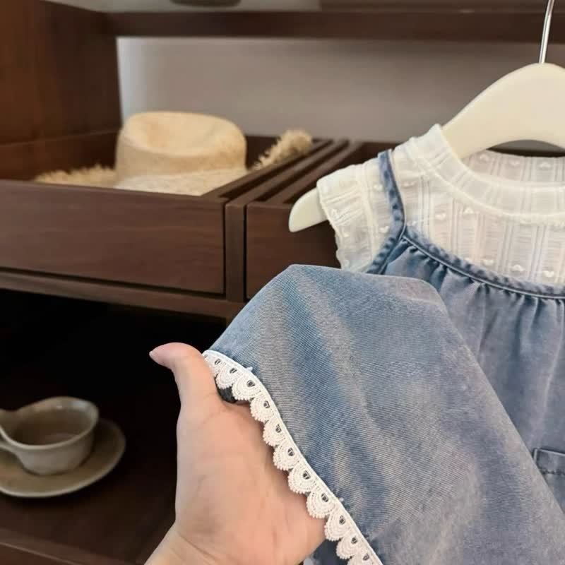 Toddler Baby Girl Ruffle Sleeve T-shirt and Denim Suspender Dress 2-piece Set - image 5
