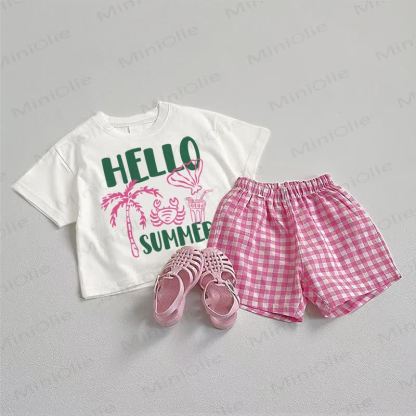 HELLO SUMMER Baby Crab Tee and Plaid Shorts 2-Piece Set - White&Pink - 3-5T - image 1