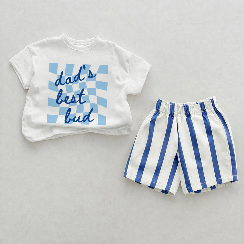 DAD'S BEST BUD Baby Blue Vertical Striped 2-piece Shorts Set - White&Blue - 2-3T - image 1