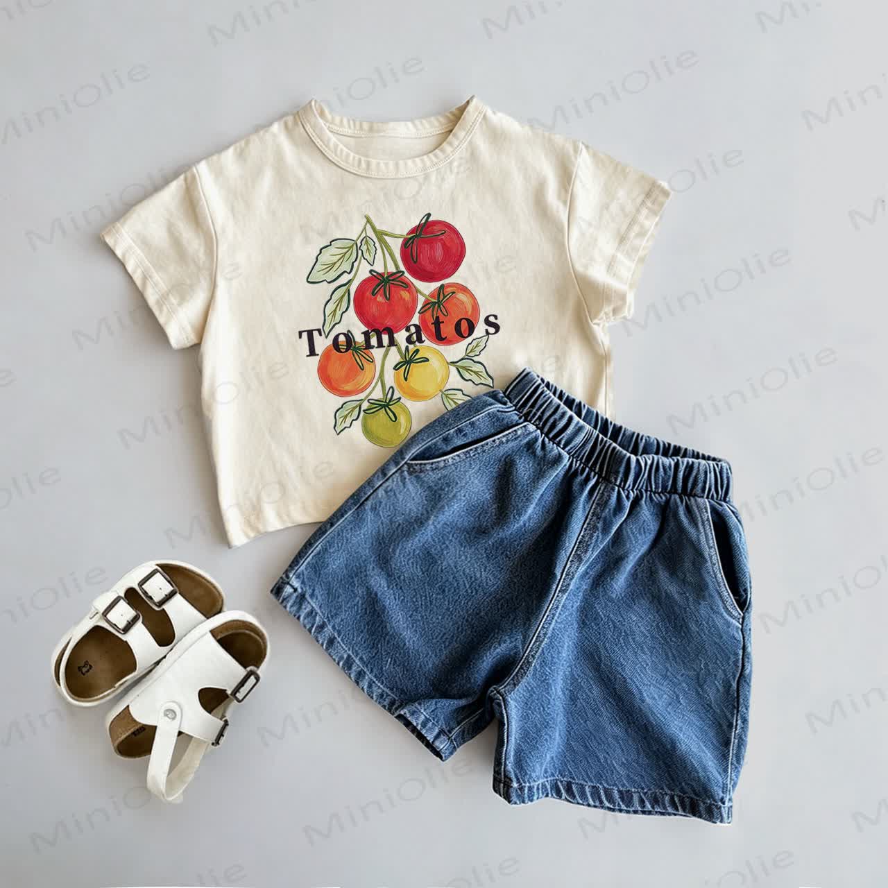 TOMATOS Baby Toddler Tomato Print Tee and Denim Shorts 2-Piece Set - Beige - 3-5T - image 1