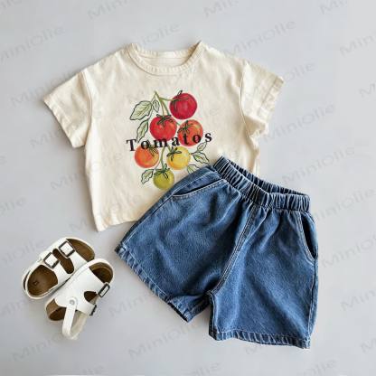 TOMATOS Baby Toddler Tomato Print Tee and Denim Shorts 2-Piece Set - Beige - 3-5T - image 1