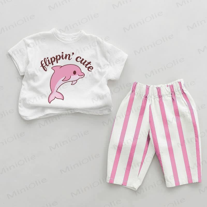 FLIPPIN' CUTE Baby Pink Dolphin Print Vertical Striped 2-piece Set - White&Pink - 2-3T - image 1