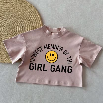 NEWEST MEMBER OF THE GIRL GANG Baby Smiling Face Summer Casual T-Shirt - Coral Pink - 2-3T - image 3