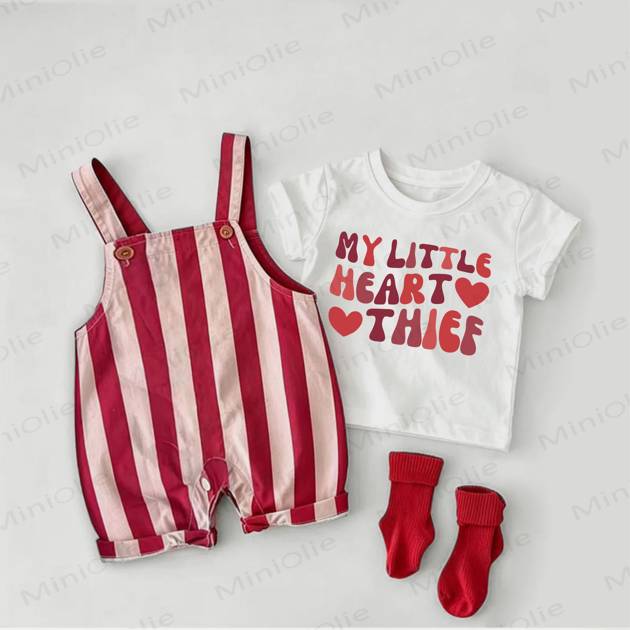 MY LITTLE HEART THIEF Baby Slogan Red Stripe Overalls and White Tee 2-piece Set - White&Red - 2-3T - image 1