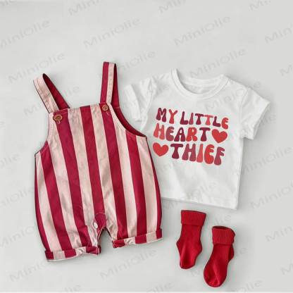 MY LITTLE HEART THIEF Baby Slogan Red Stripe Overalls and White Tee 2-piece Set - White&Red - 2-3T - image 1