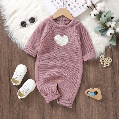 Baby Heart Knit Romper with Socks Gloves - Pink - 12-18M - image 4