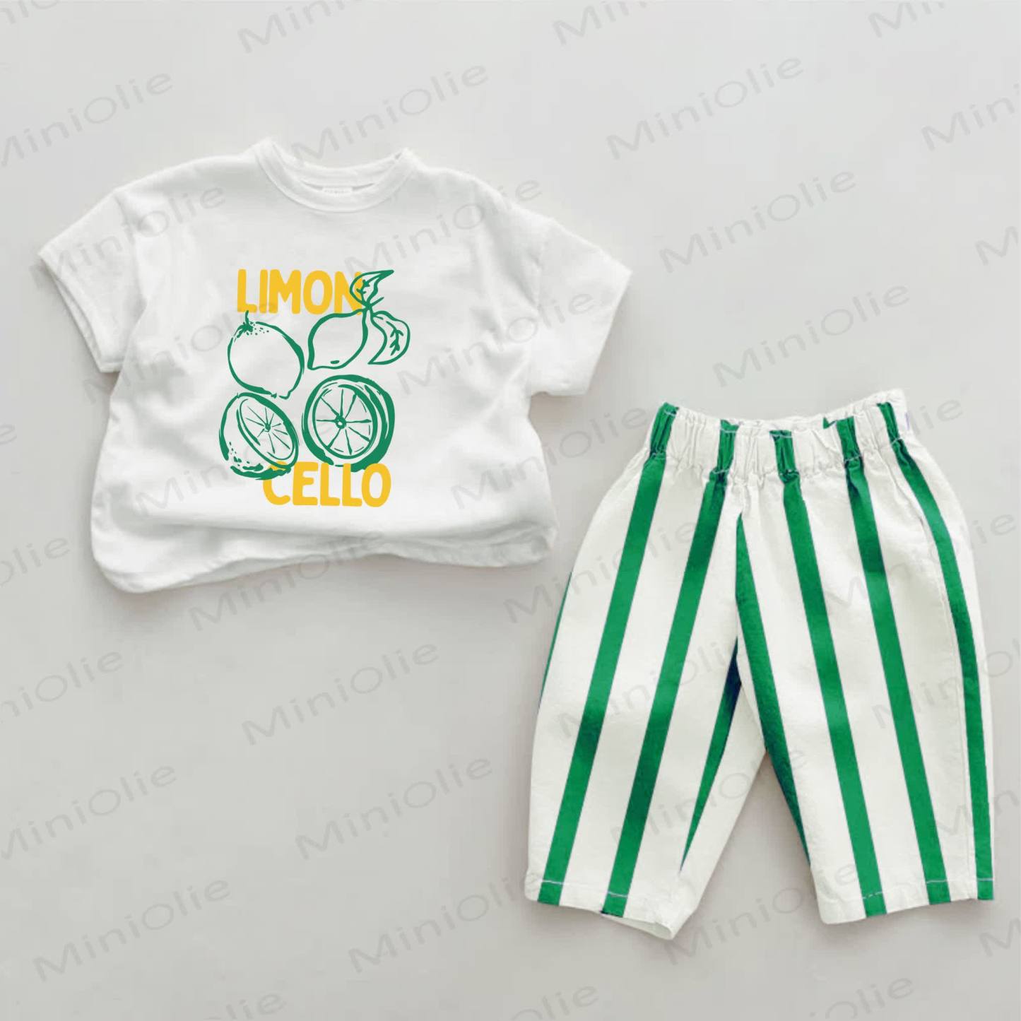 LIMON CELLO Baby Green Lemon Print Vertical Striped 2-piece Set - White&Green - 2-3T - image 1