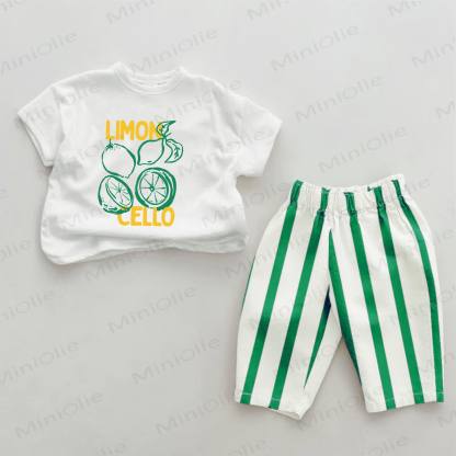 LIMON CELLO Baby Green Lemon Print Vertical Striped 2-piece Set - White&Green - 2-3T - image 1