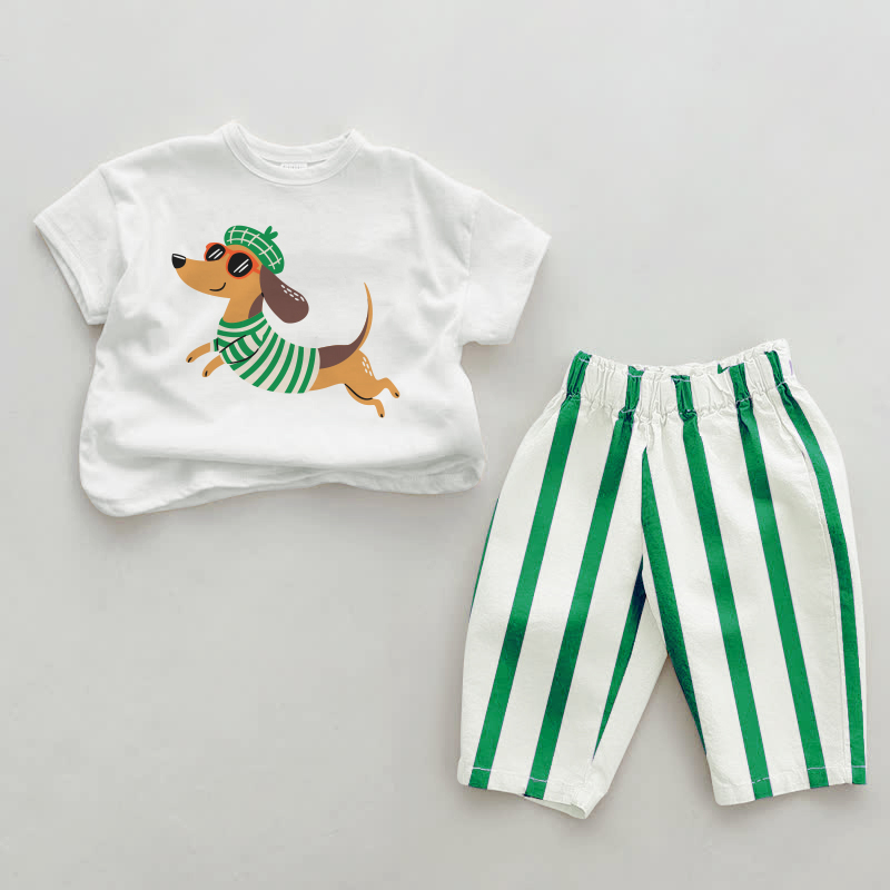 Baby Daschund Green Vertical Striped 2-piece Set - White&Green - 2-3T - image 1