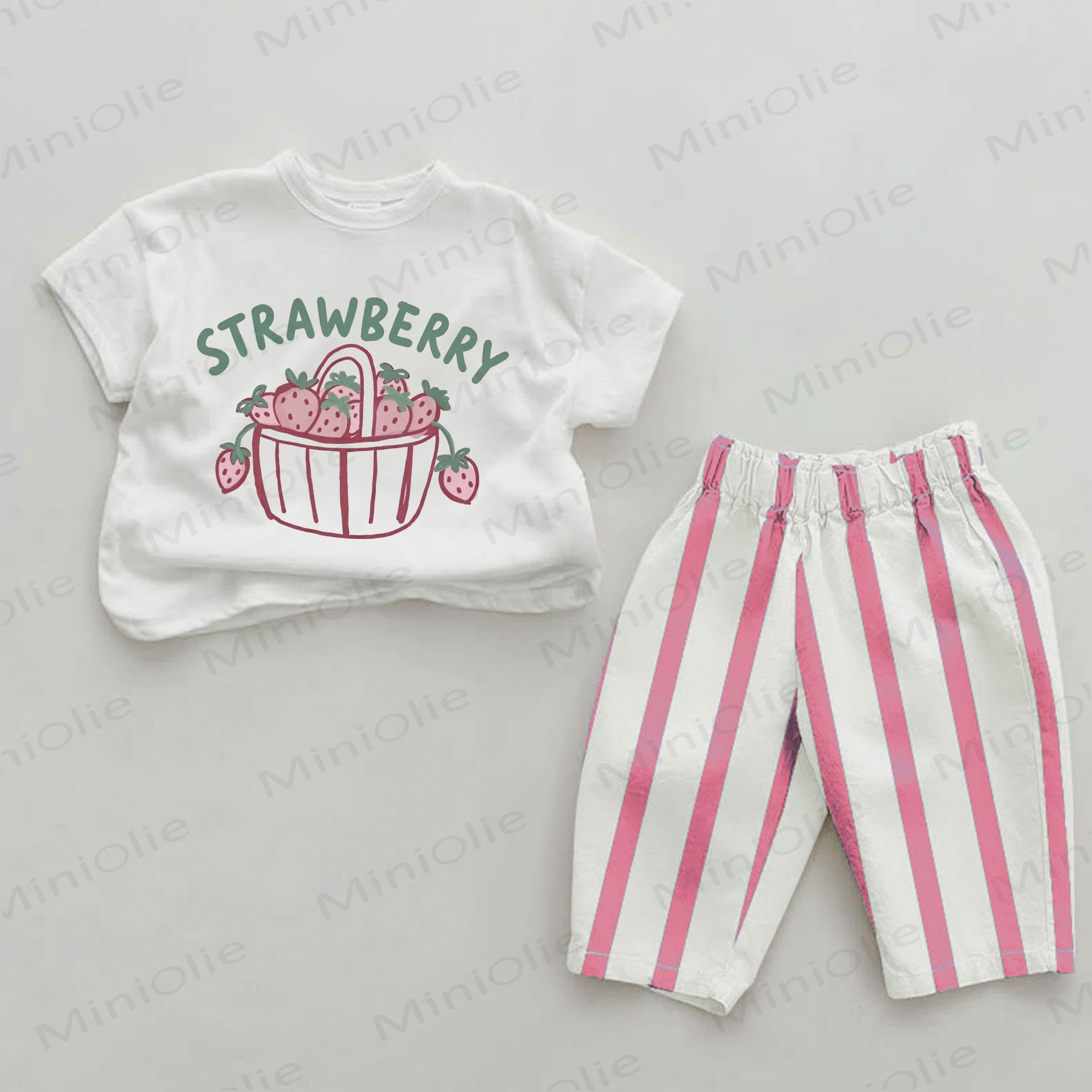 STRAWBERRY Baby Girls Strawberry Print Pink Vertical Striped 2-piece Set - White&Pink - 2-3T - image 1