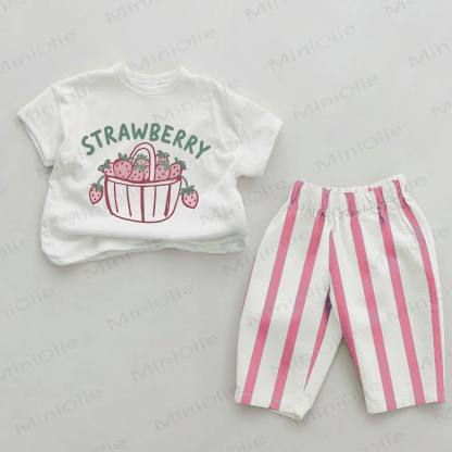 STRAWBERRY Baby Girls Strawberry Print Pink Vertical Striped 2-piece Set - White&Pink - 2-3T - image 1