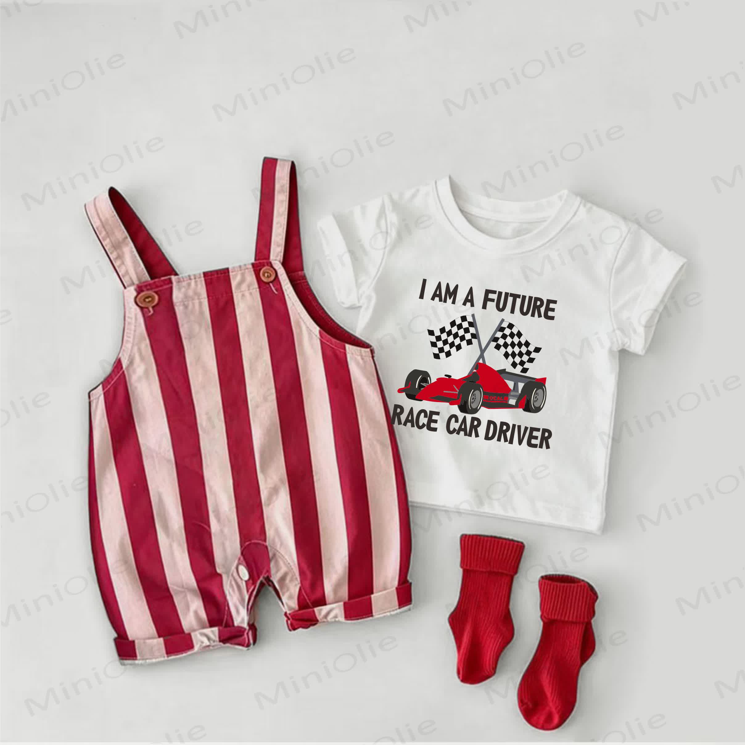 I AM FUTURE RACE CAR DRIVER Baby Racing Car Print Red Stripe Overalls and White Tee 2-piece Set - White&Red - 2-3T - image 1